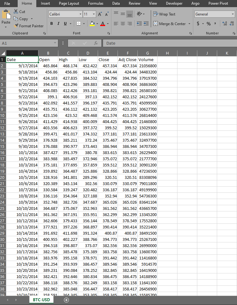 Bitcoin log returns in Excel image
