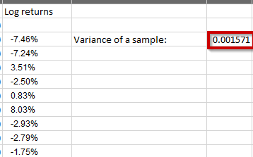 Bitcoin sample variance calculated in Excel image