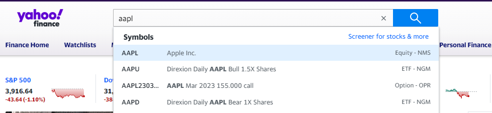 Search for stock on Yahoo Finance